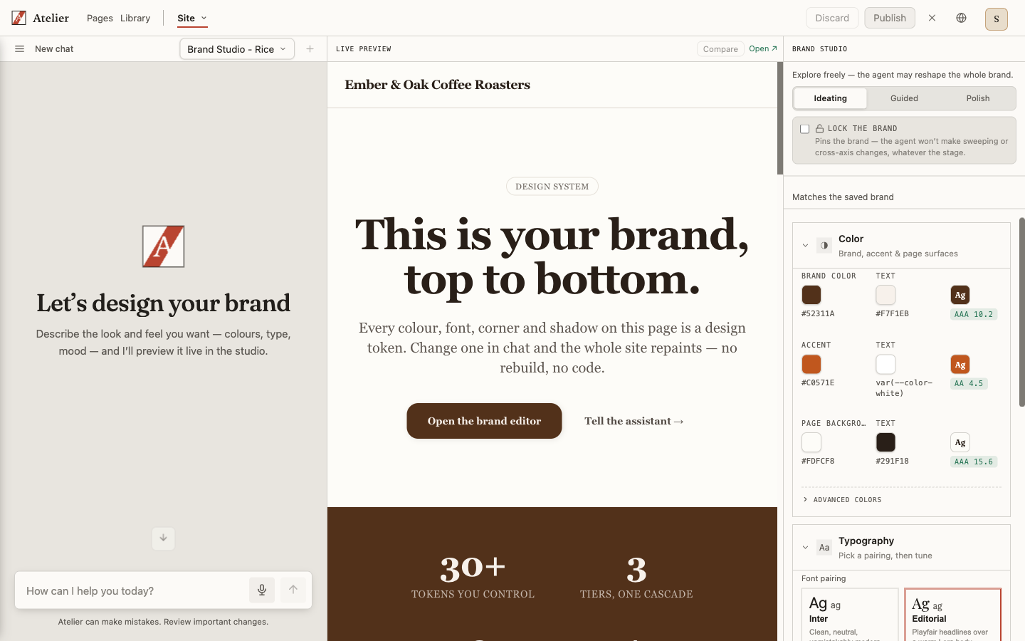 The Design System studio showing brand colour tokens with contrast ratios and a font pairing