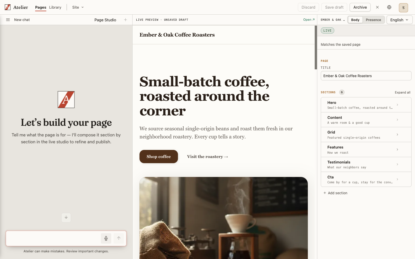 The Pages studio showing a live preview of a page and its section list