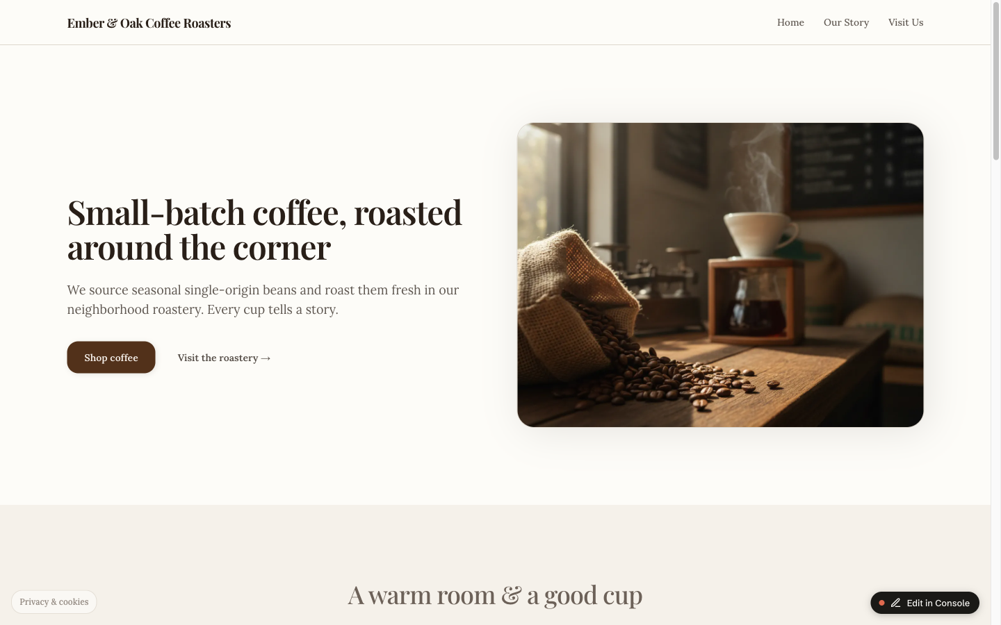The Ember & Oak Coffee Roasters homepage built with Atelier